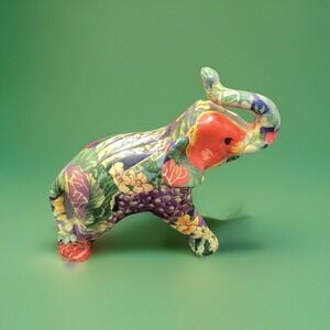 Vintage Decoupage Ceramic Elephant - Trunk In the Air Means Good Luck! 8.5" Tall